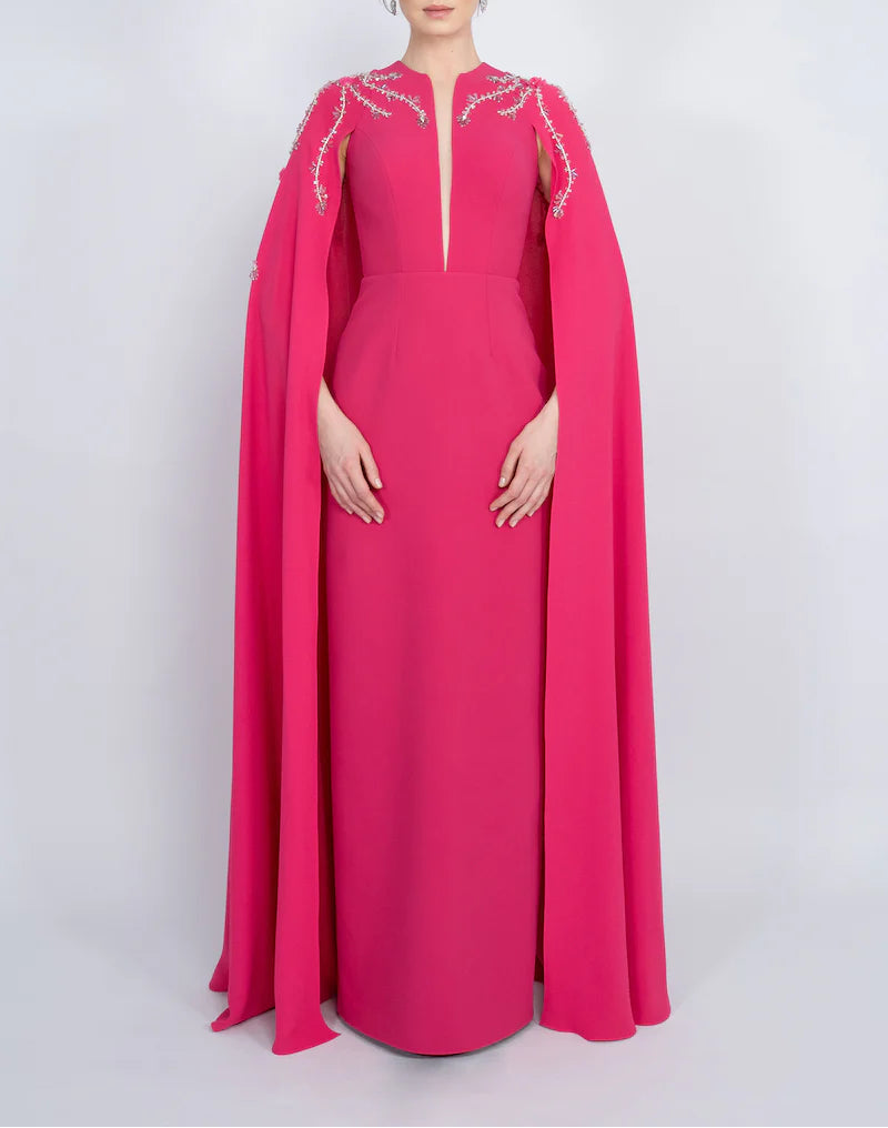 embellished cape gown with front slit – FUCHSIAE