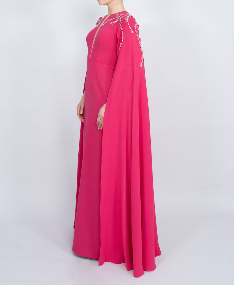 embellished cape gown with front slit – FUCHSIAE