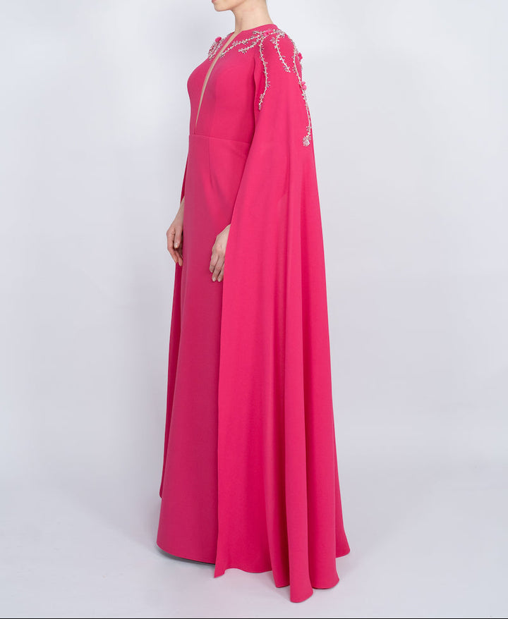 embellished cape gown with front slit – FUCHSIAE