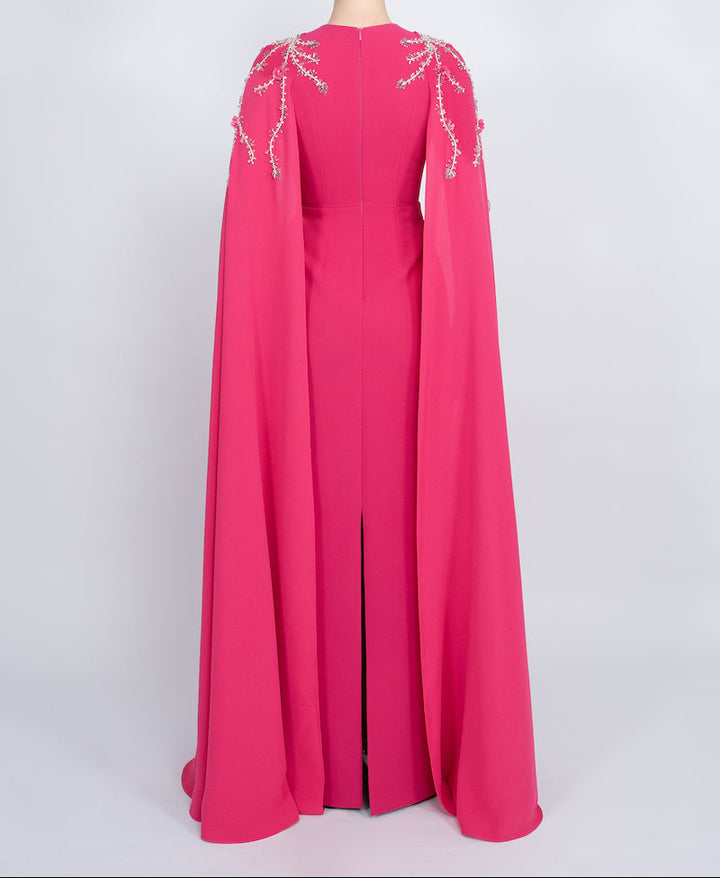 embellished cape gown with front slit – FUCHSIAE