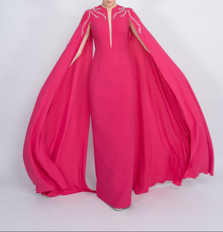 embellished cape gown with front slit – FUCHSIAE