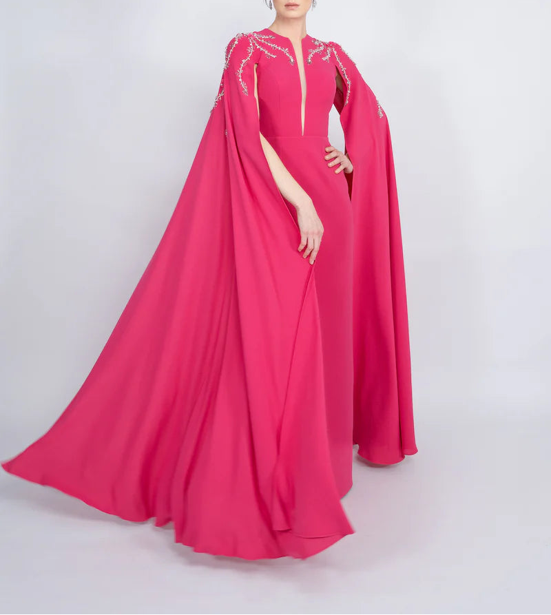 embellished cape gown with front slit – FUCHSIAE