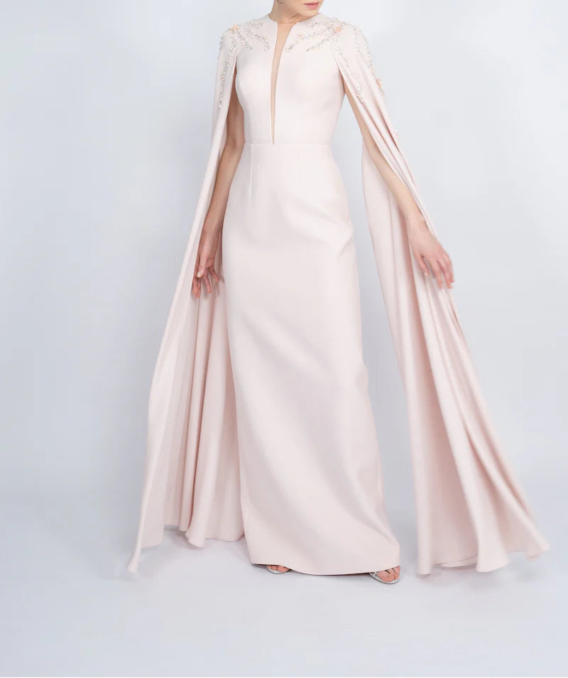 embellished cape gown with plunging neckline – POWDERE
