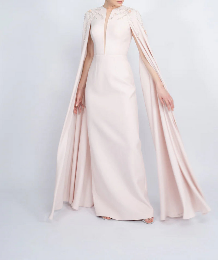 embellished cape gown with plunging neckline – POWDERE