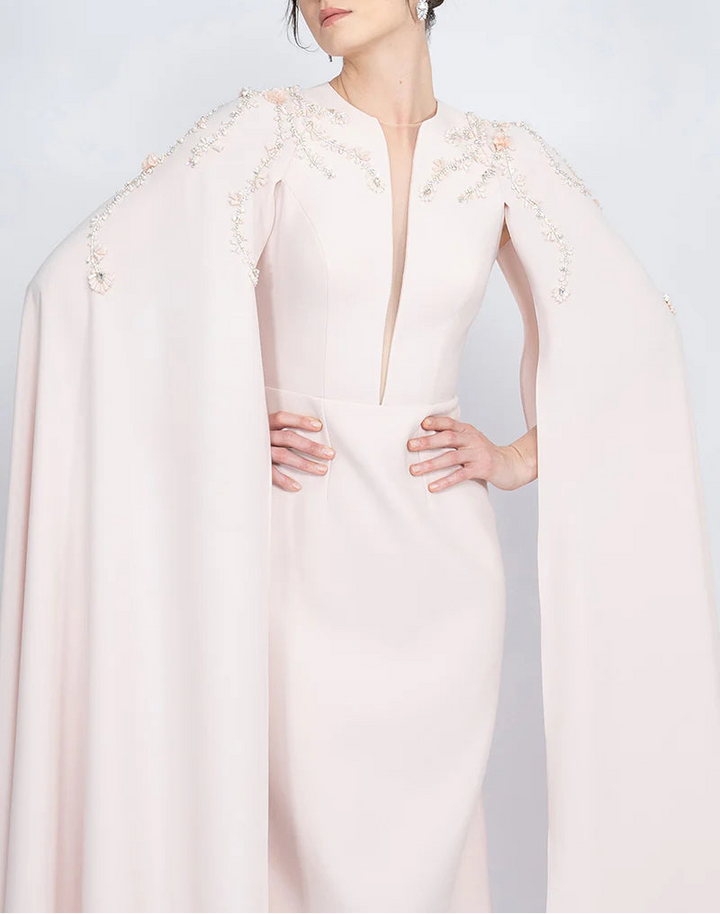 embellished cape gown with plunging neckline – POWDERE
