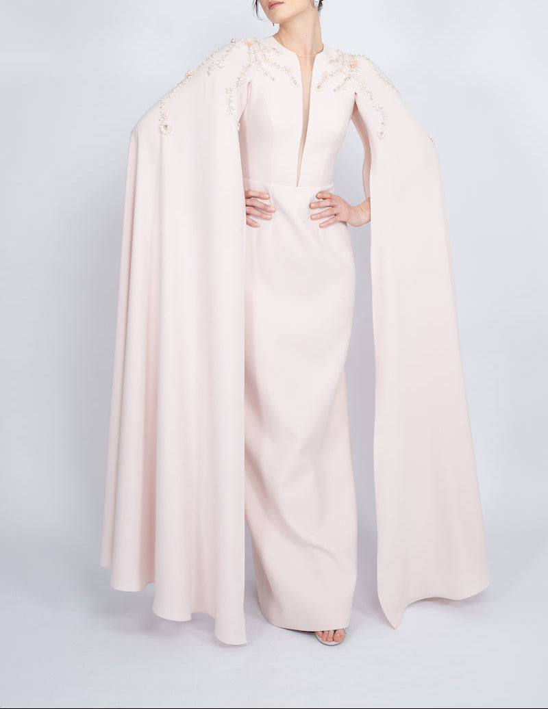 embellished cape gown with plunging neckline – POWDERE