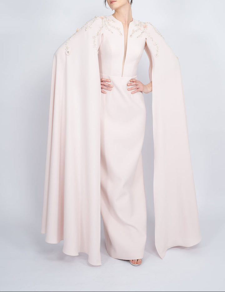 embellished cape gown with plunging neckline – POWDERE