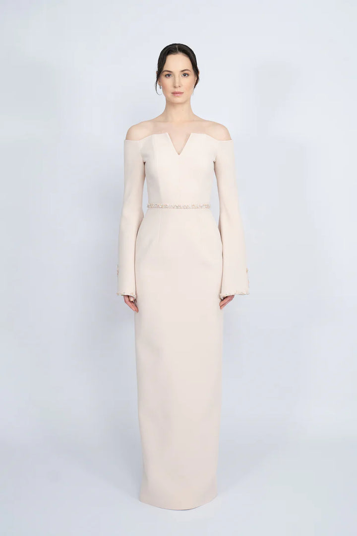 off-shoulder column gown with embroidered flared sleeves – BLUSHE