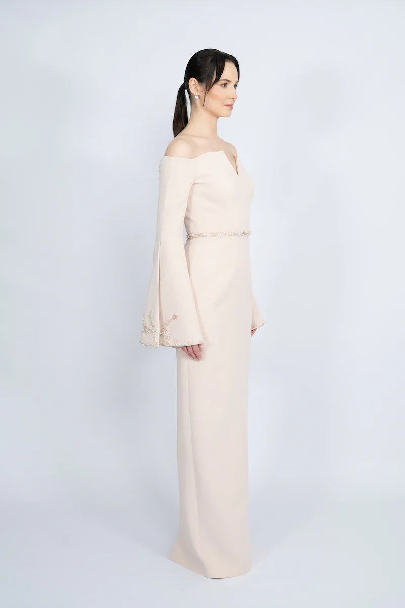 off-shoulder column gown with embroidered flared sleeves – BLUSHE