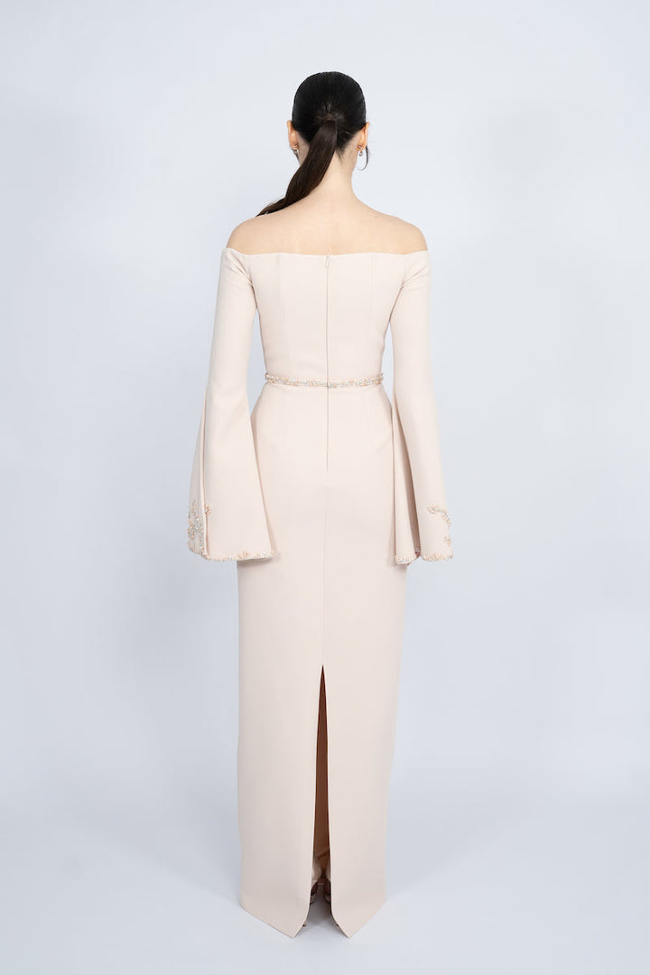 off-shoulder column gown with embroidered flared sleeves – BLUSHE