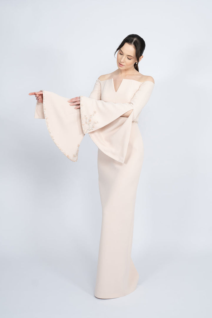 off-shoulder column gown with embroidered flared sleeves – BLUSHE