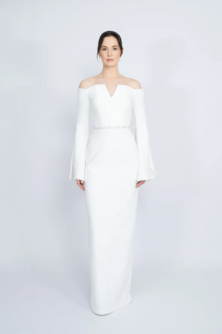 off-shoulder column gown with flared embellished sleeves – IVORYE