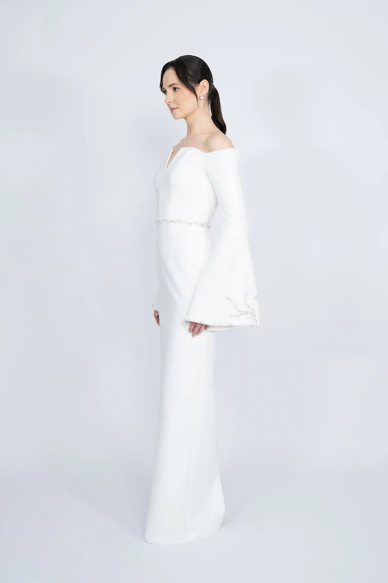 off-shoulder column gown with flared embellished sleeves – IVORYE