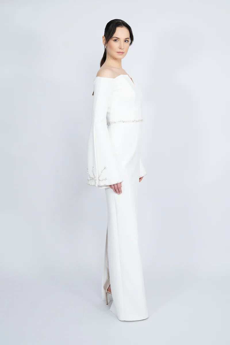 off-shoulder column gown with flared embellished sleeves – IVORYE