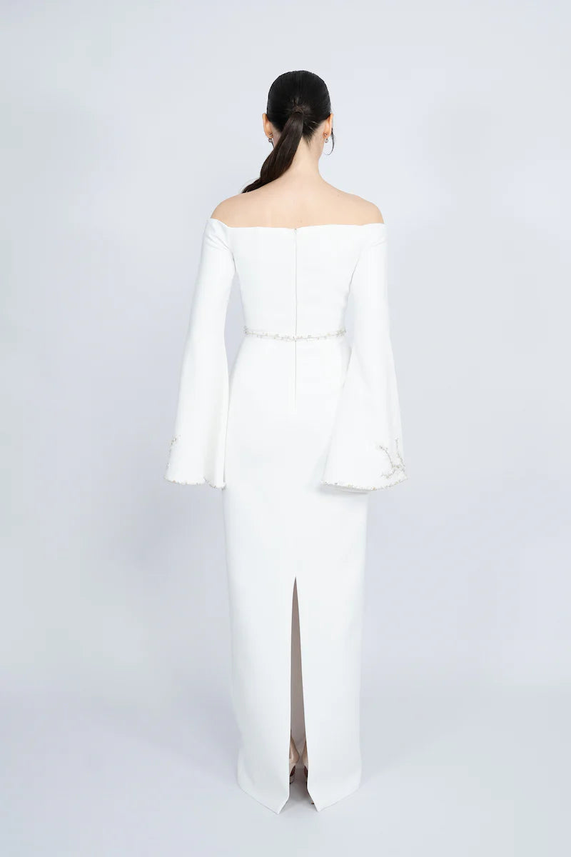 off-shoulder column gown with flared embellished sleeves – IVORYE