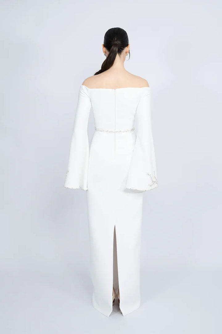 off-shoulder column gown with flared embellished sleeves – IVORYE