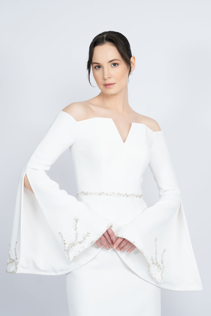 off-shoulder column gown with flared embellished sleeves – IVORYE