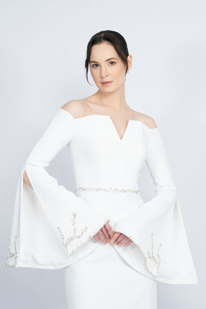 off-shoulder column gown with flared embellished sleeves – IVORYE