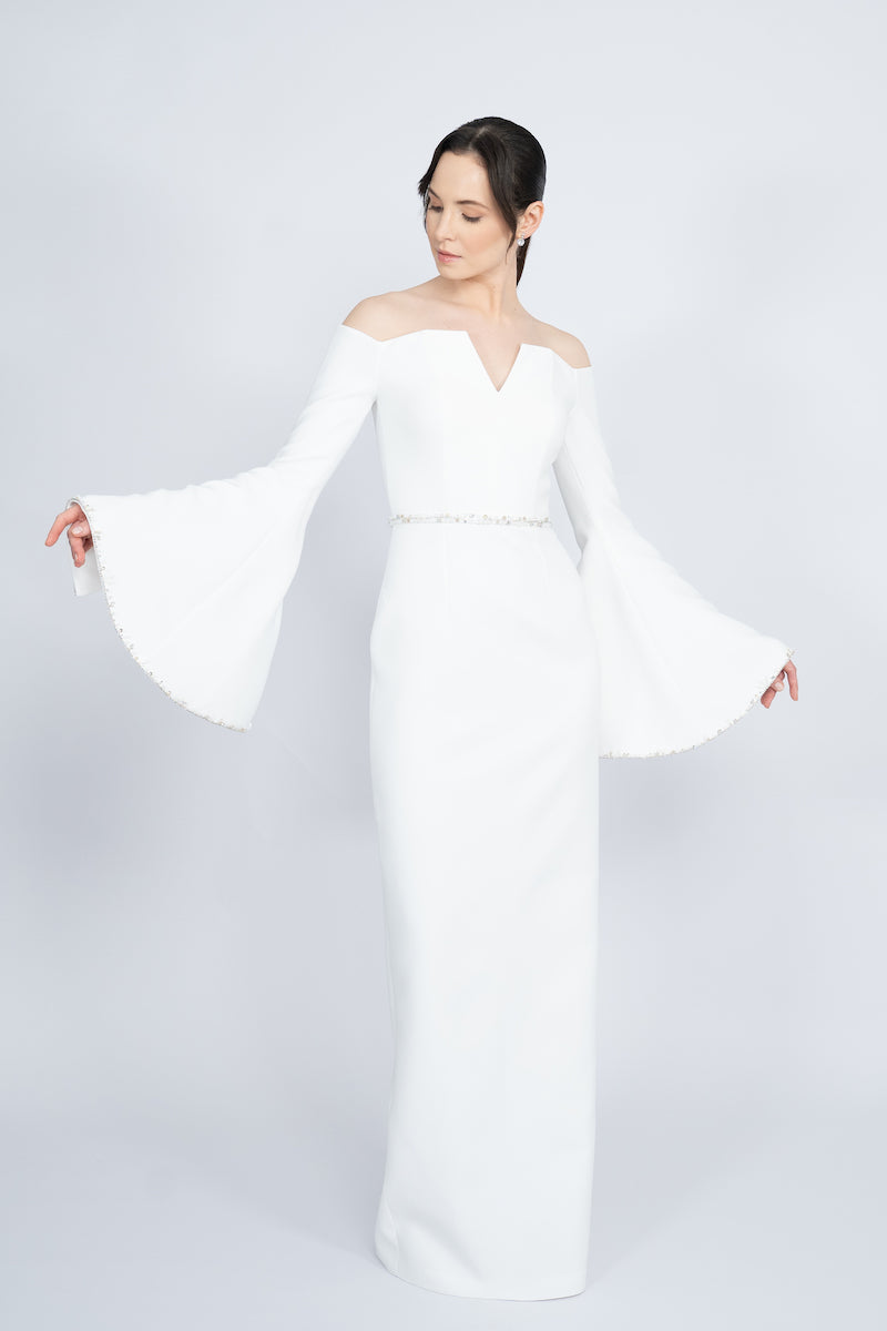 off-shoulder column gown with flared embellished sleeves – IVORYE