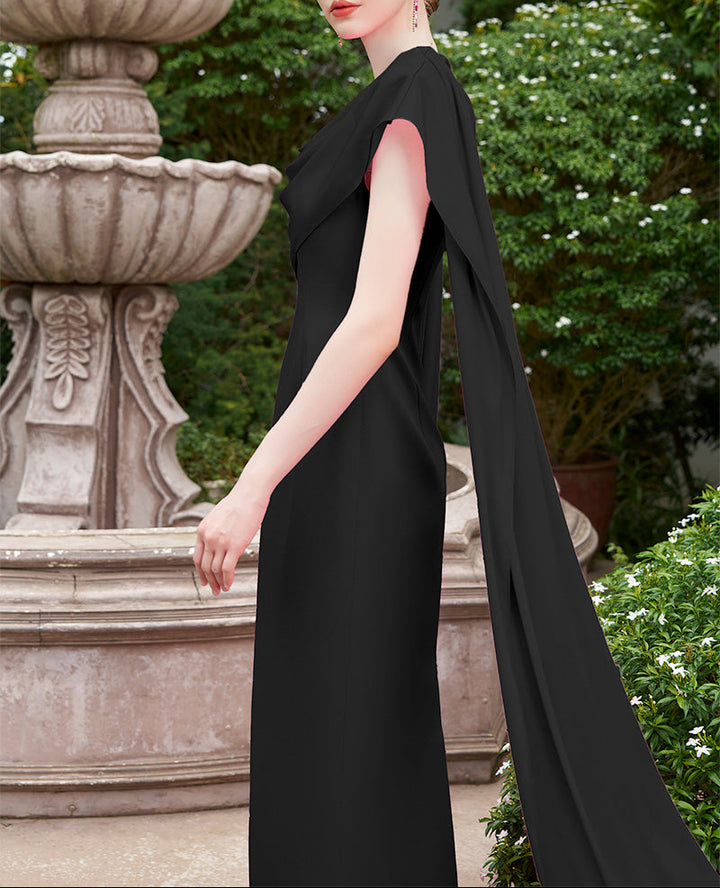 one-shoulder column gown with draped cascading cape – NOIRE