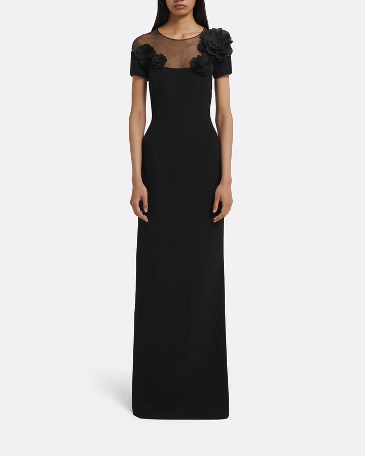 sheer-yoke gown with 3D floral appliqué – VESPER