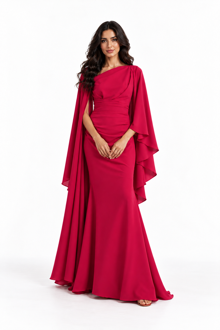 Raspberry Red Asymmetric Draped Cape Maxi Dress - Rosalia