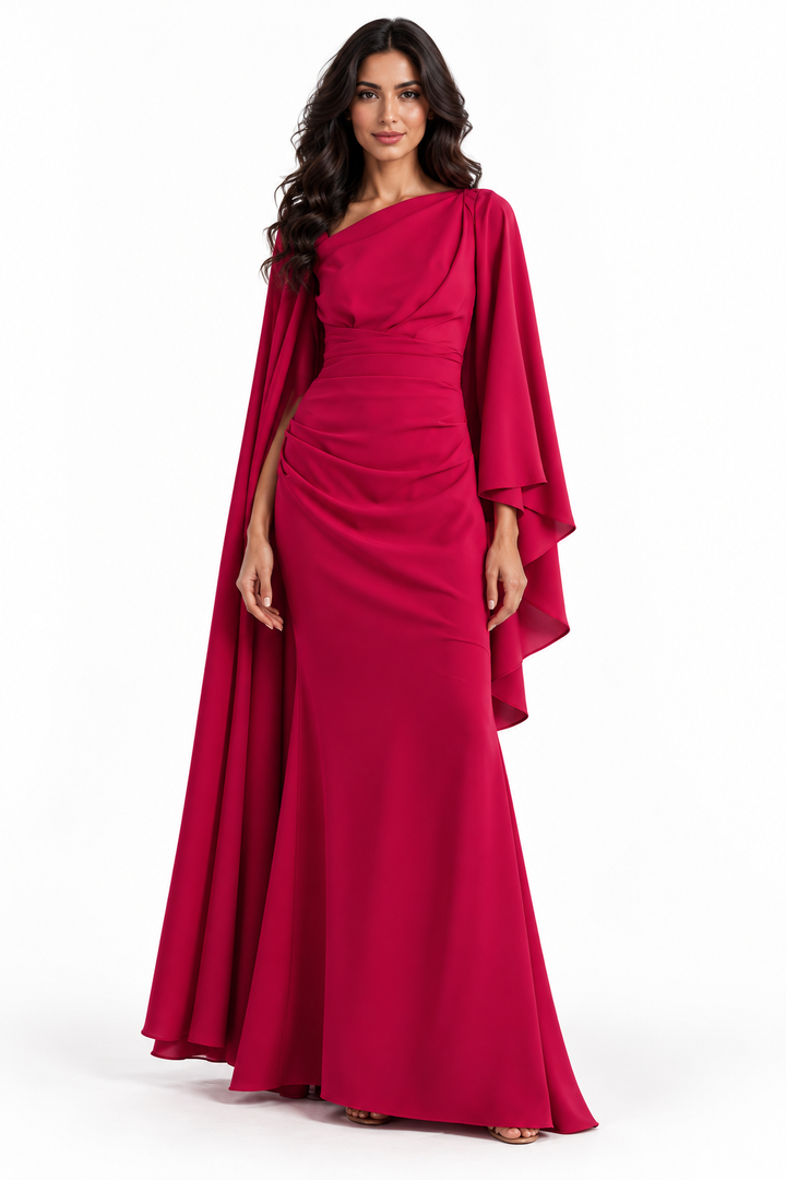 Raspberry Red Asymmetric Draped Cape Maxi Dress - Rosalia
