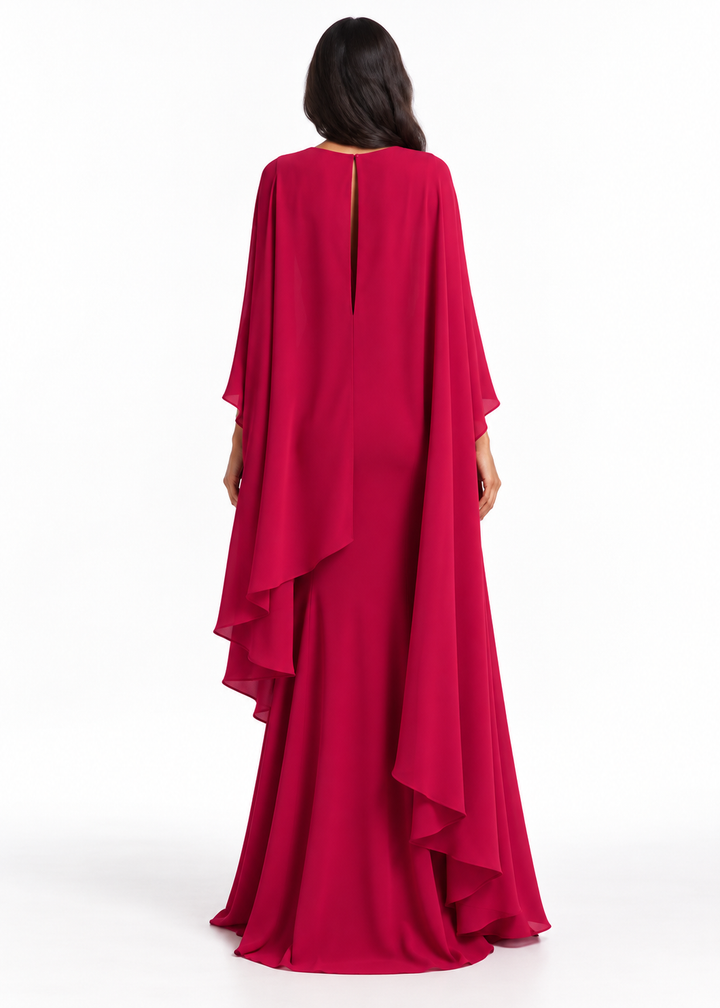 Raspberry Red Asymmetric Draped Cape Maxi Dress - Rosalia