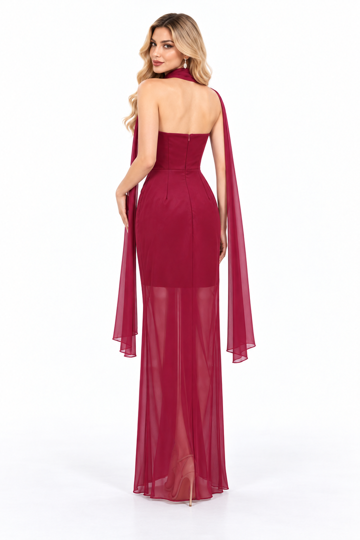 Pleated Draped Scarf Evening Gown - Solivene