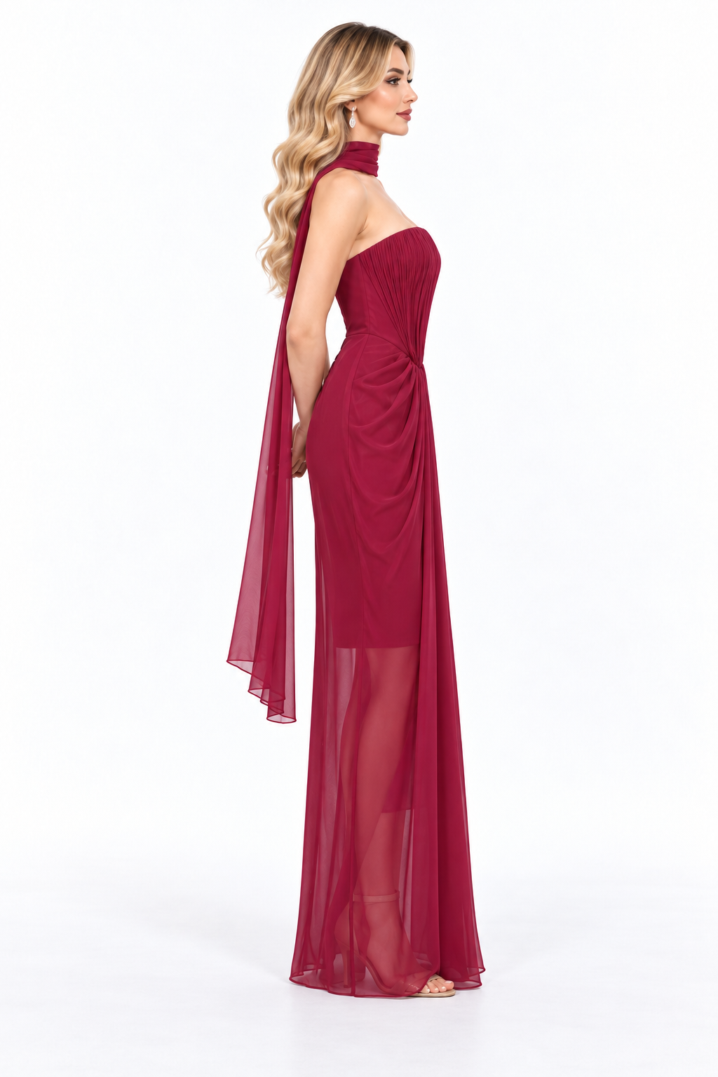 Pleated Draped Scarf Evening Gown - Solivene