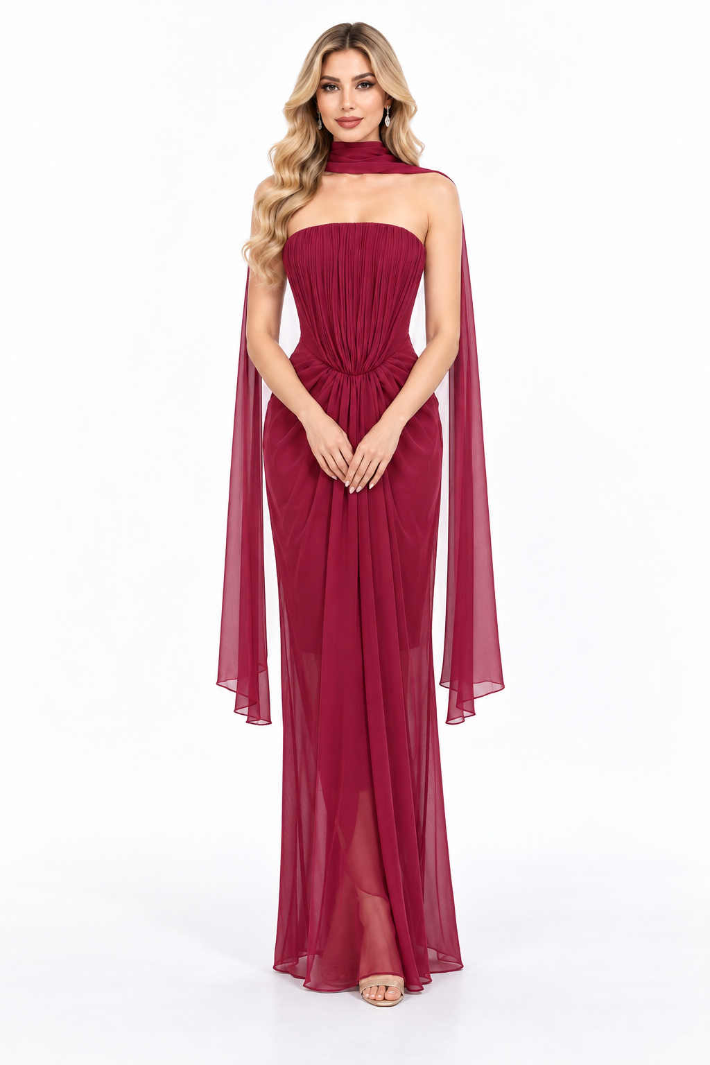 Pleated Draped Scarf Evening Gown - Solivene