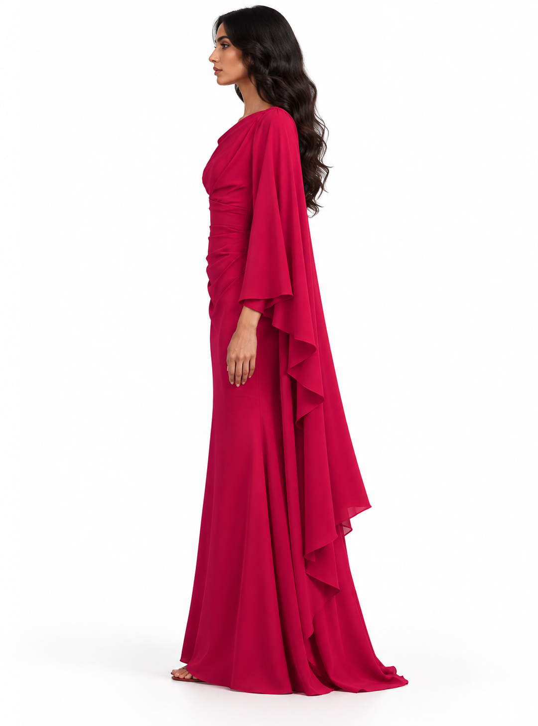 Raspberry Red Asymmetric Draped Cape Maxi Dress - Rosalia