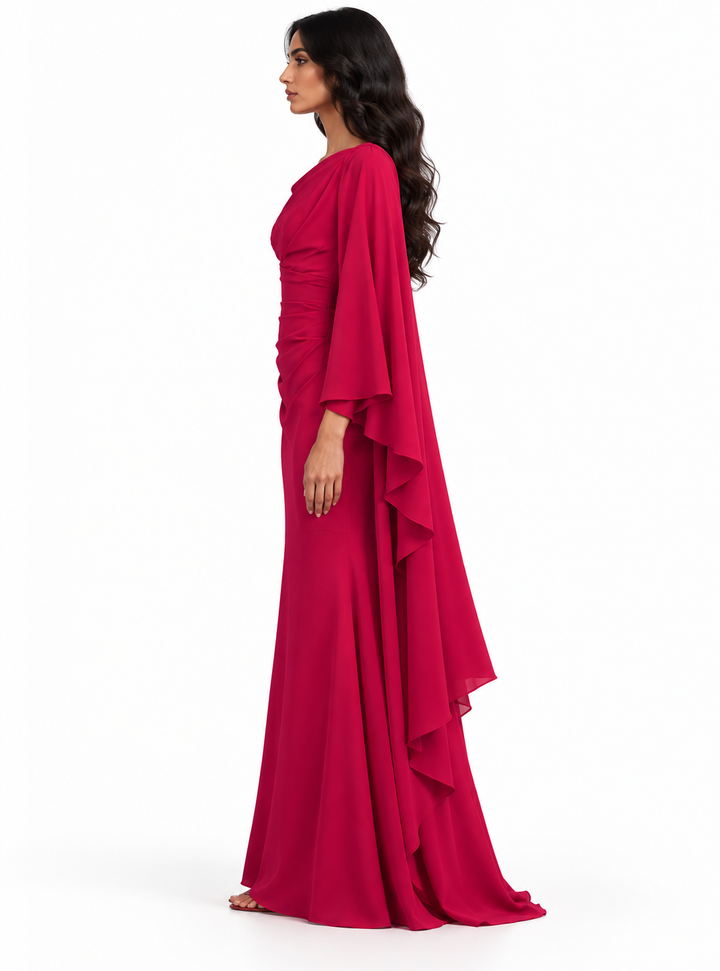 Raspberry Red Asymmetric Draped Cape Maxi Dress - Rosalia