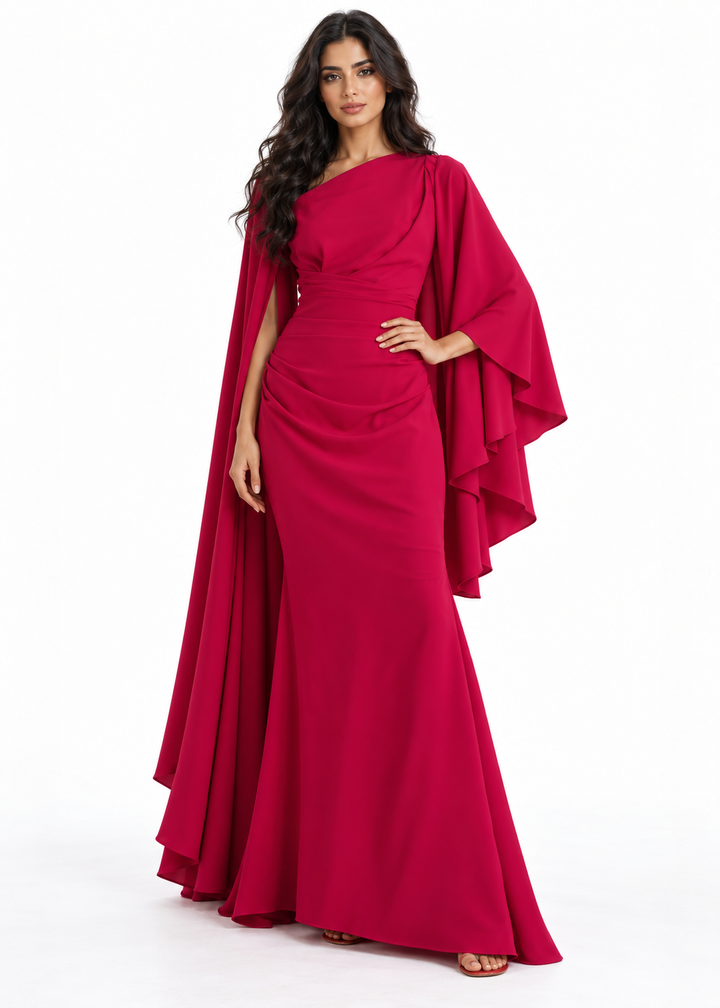 Raspberry Red Asymmetric Draped Cape Maxi Dress - Rosalia