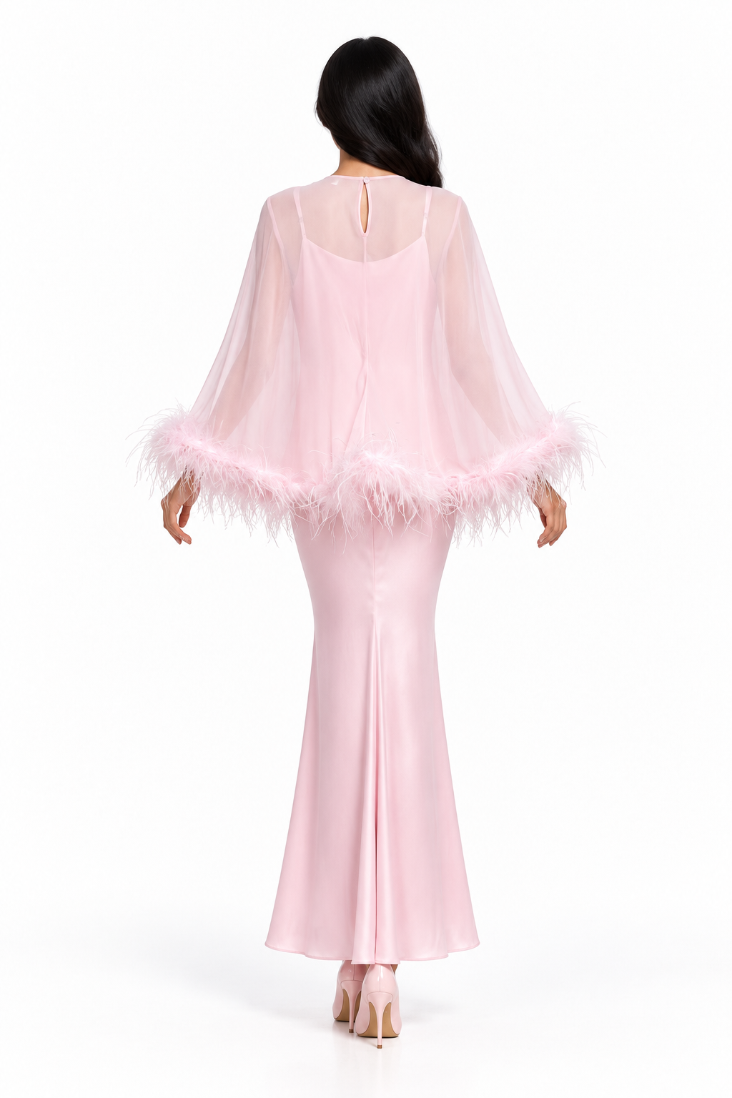Feather Trim Sheer Overlay Evening Gown - Noirissa
