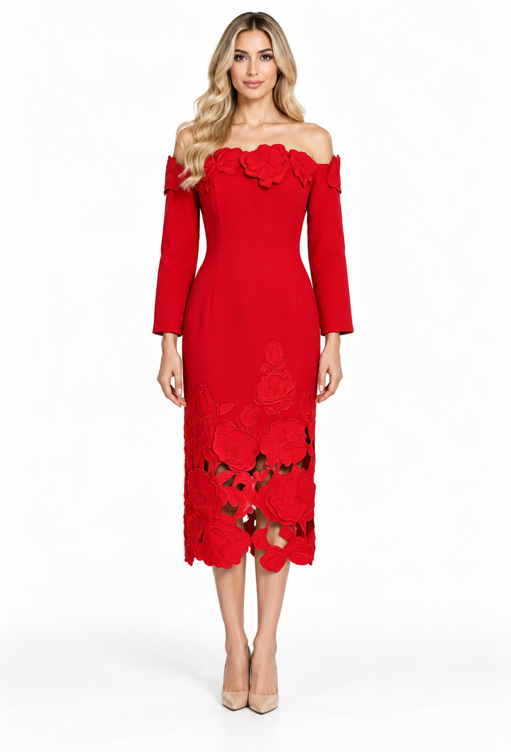 Floral Cutout Off-Shoulder Midi Dress - Aquaflora