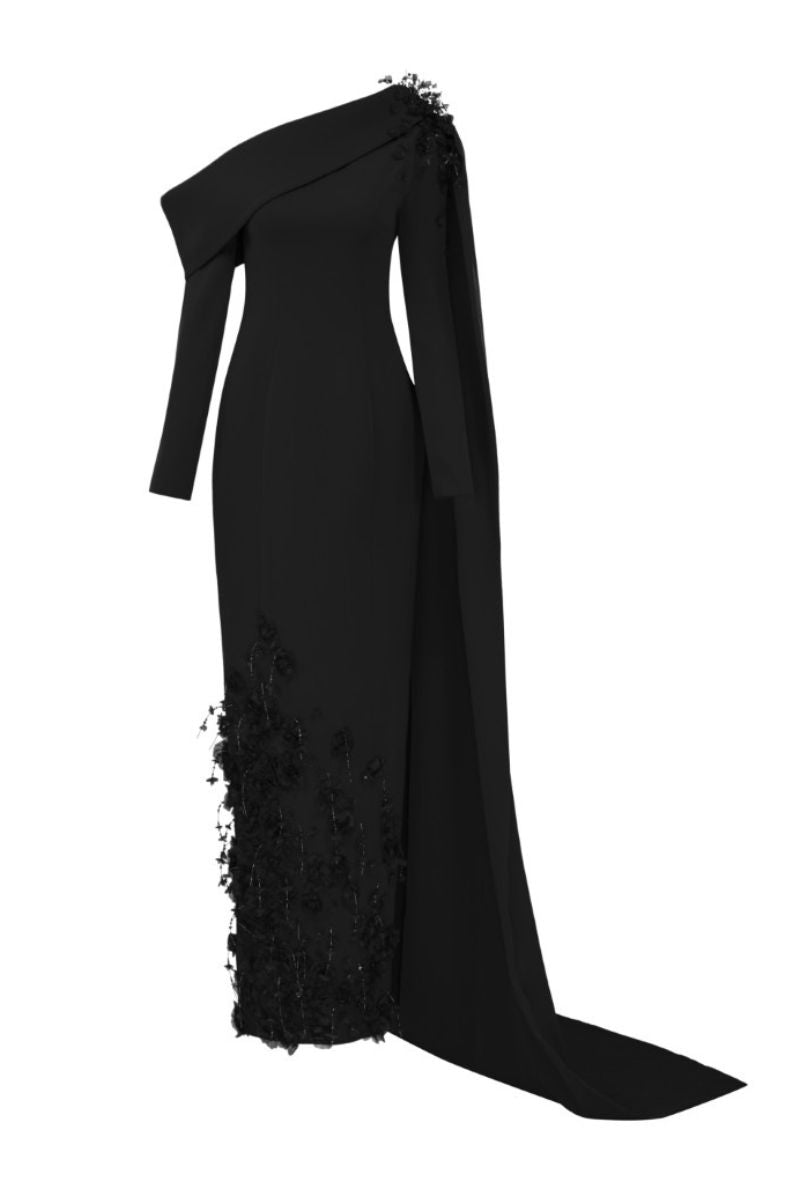 one-shoulder embellished gown with draped sash – CELVINA