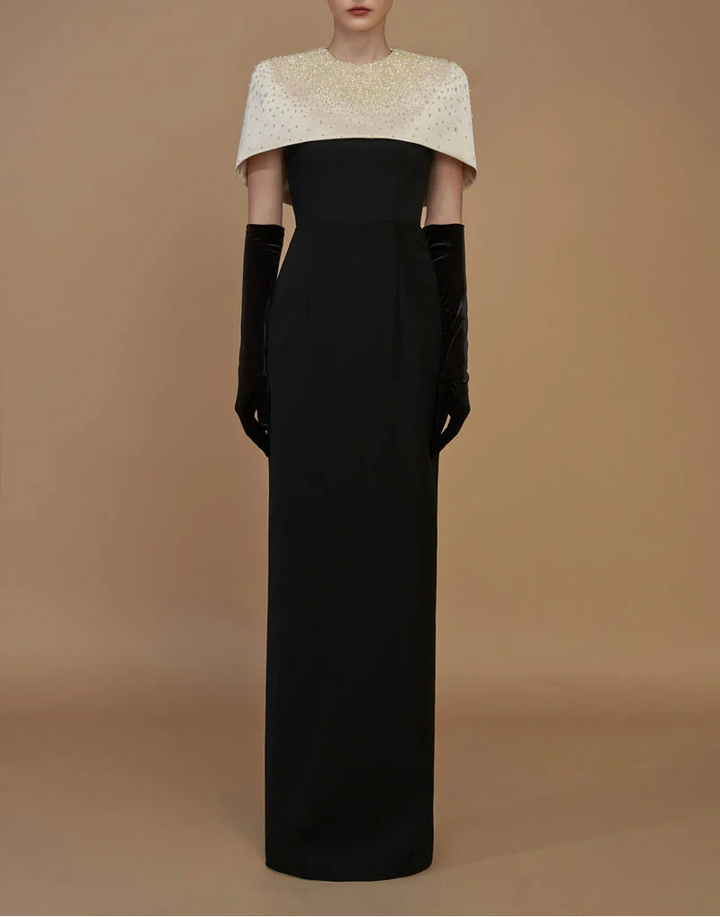 embellished mini-cape gown with column silhouette – BEATRICE