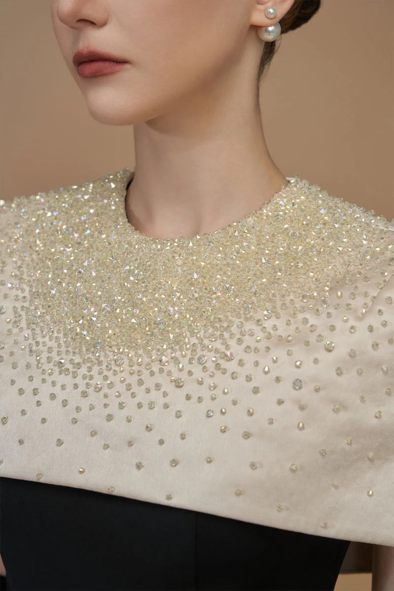 embellished mini-cape gown with column silhouette – BEATRICE