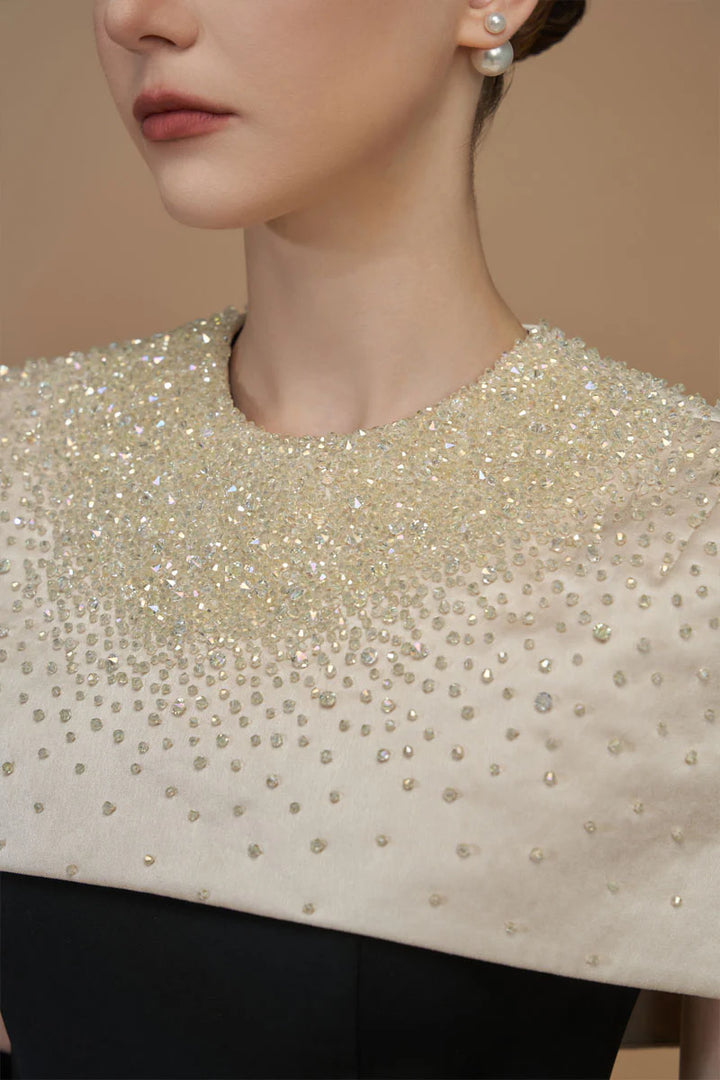 embellished mini-cape gown with column silhouette – BEATRICE