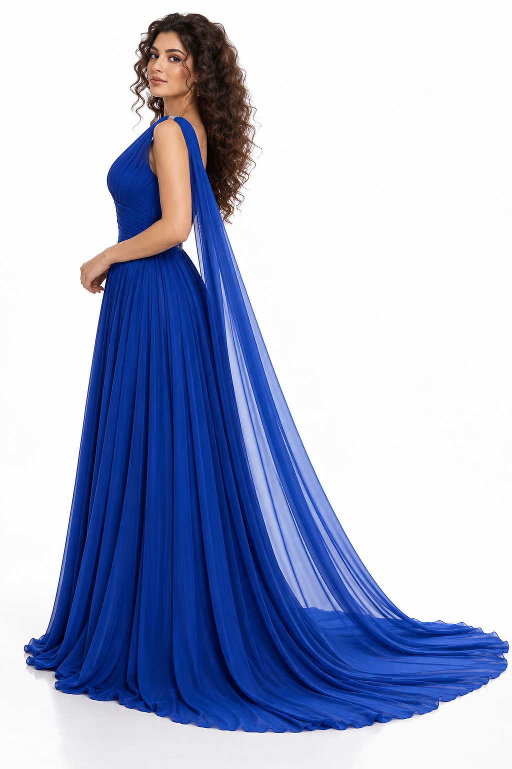 Cobalt Draped Cape Gown -Zarelle