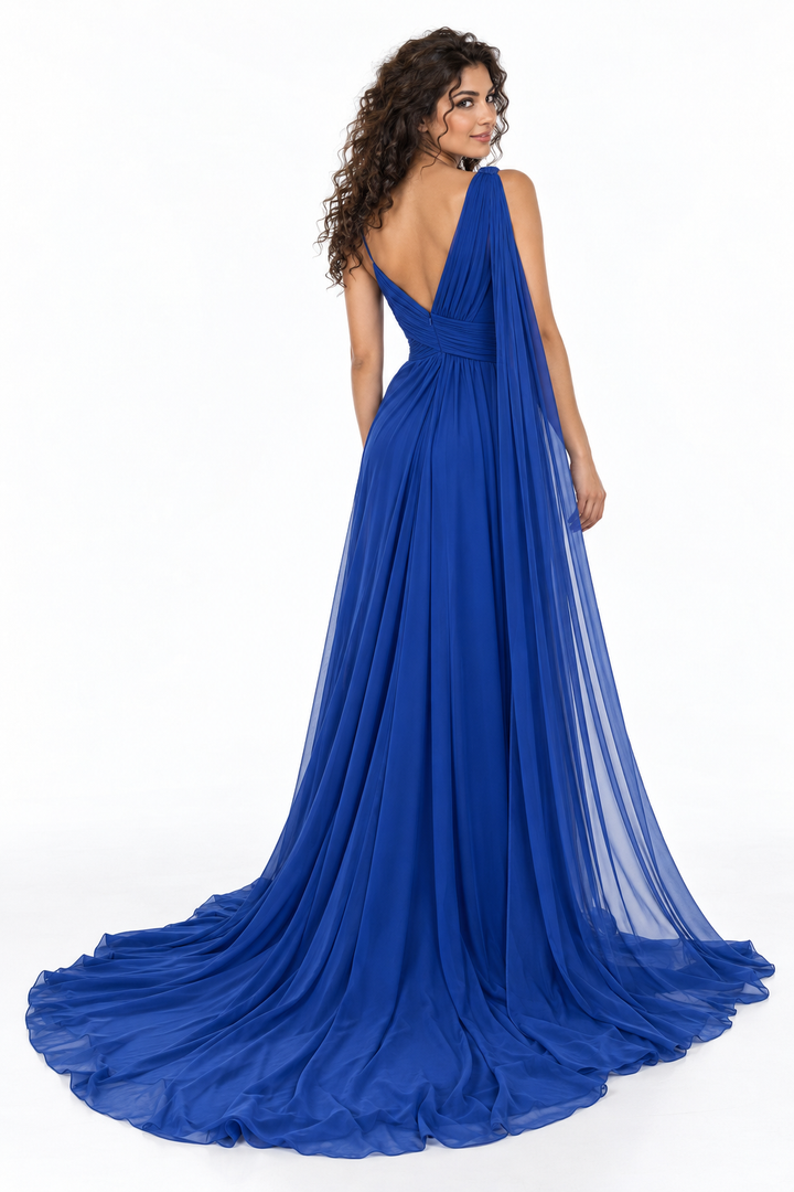 Cobalt Draped Cape Gown -Zarelle