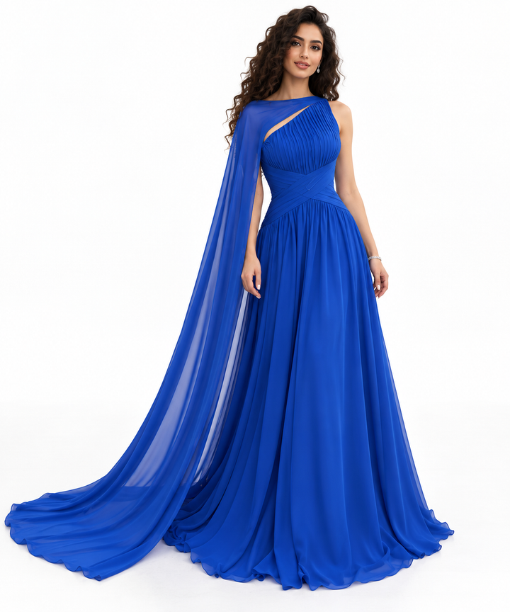 Cobalt Draped Cape Gown -Zarelle