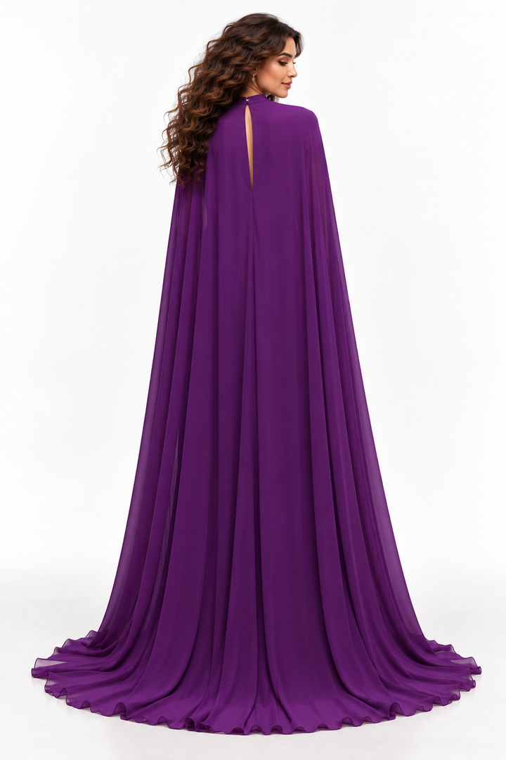 Keyhole Ruched Cape Evening Gown - Amethyst