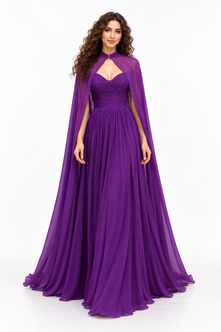 Keyhole Ruched Cape Evening Gown - Amethyst