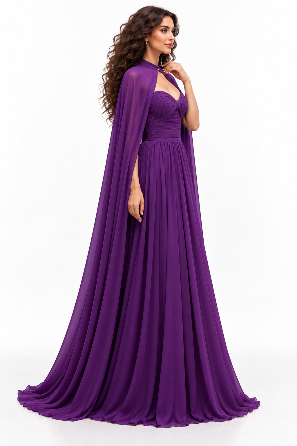 Keyhole Ruched Cape Evening Gown - Amethyst