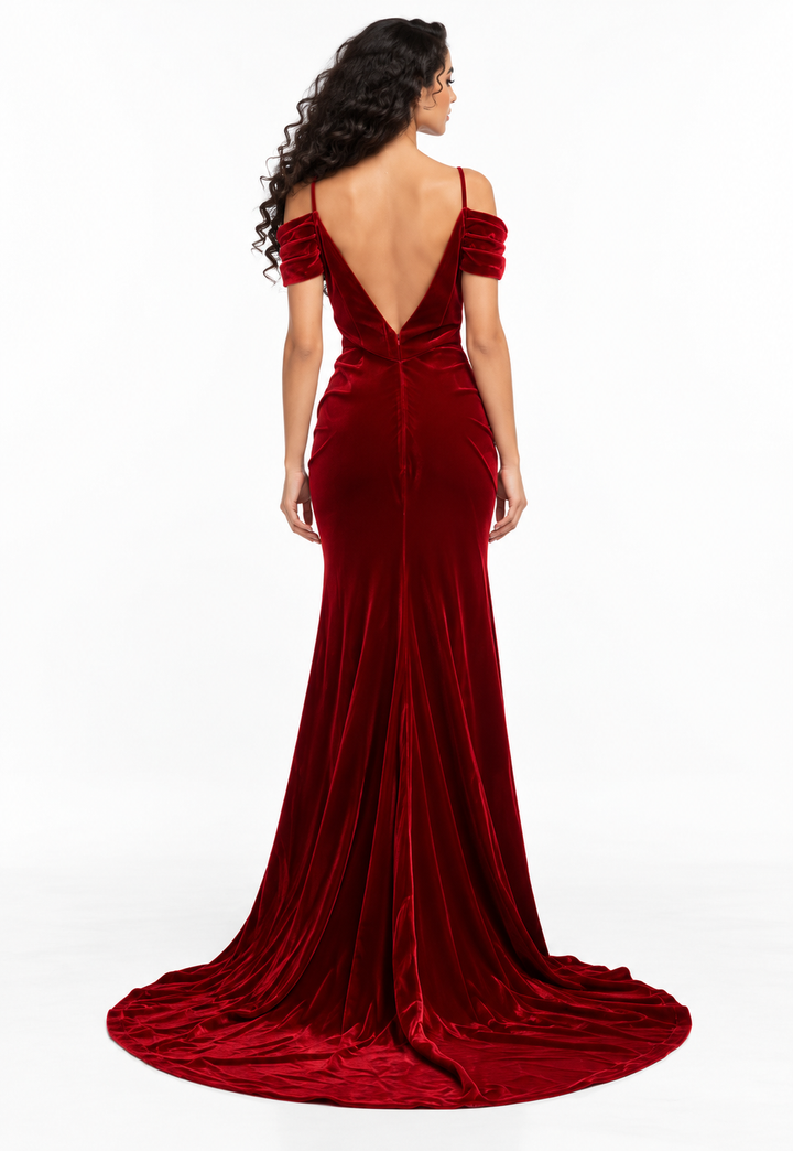 Ruby Velvet Draped Gown -Virelia
