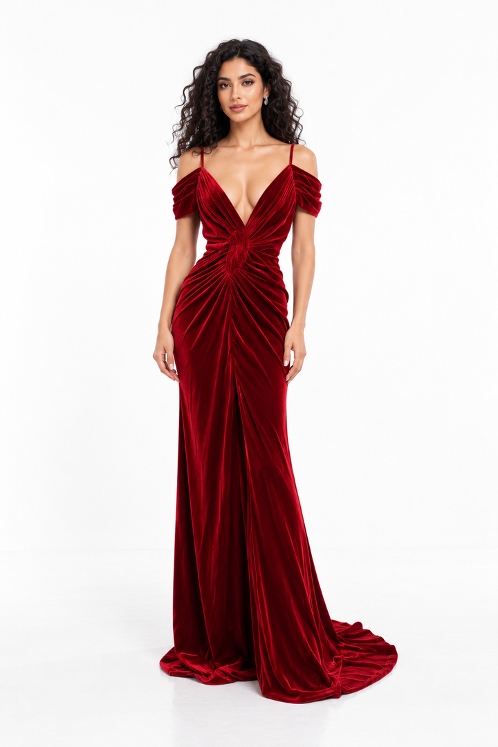 Ruby Velvet Draped Gown -Virelia