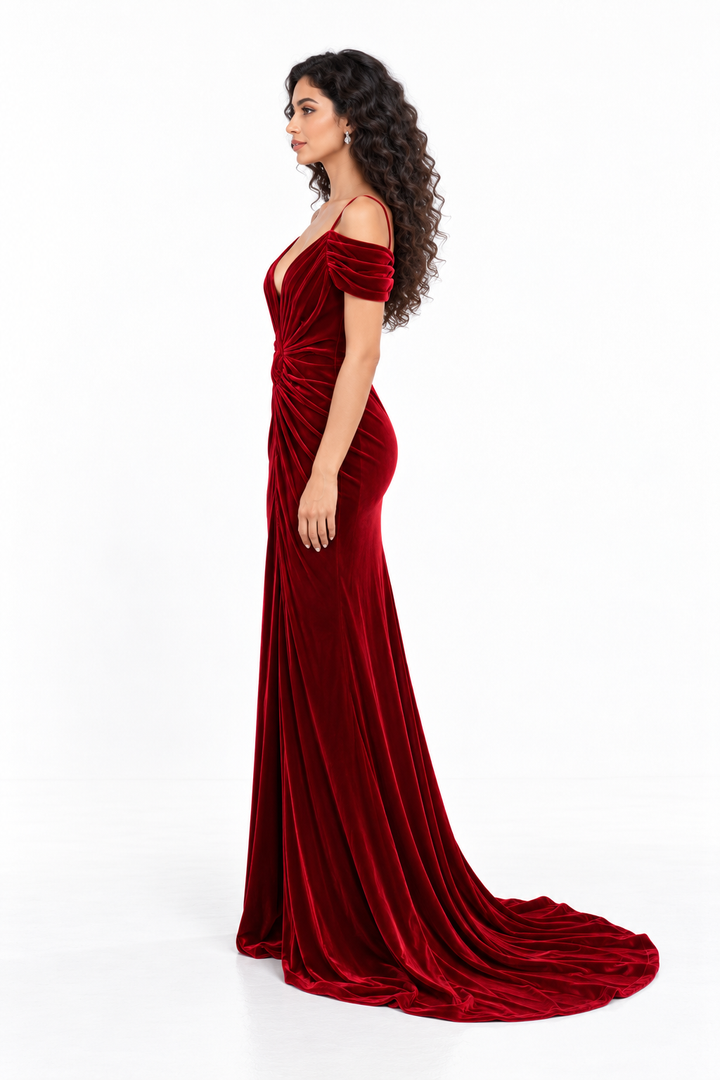 Ruby Velvet Draped Gown -Virelia