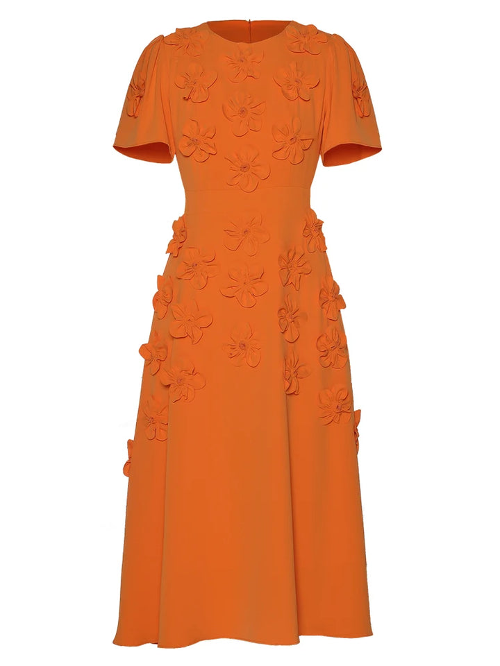 korte mouw midi jurk met 3D bloemenapplicaties - BLOOMIQ 